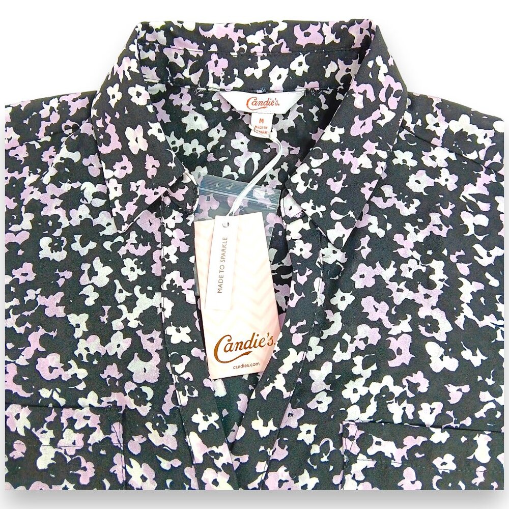 CANDIE'S-Women's Floral Button down-Top-MEDIUM-Black-White-Purple-Work-Casual - Picture 5 of 16